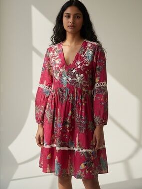 Tropical Print Embroidered Dress